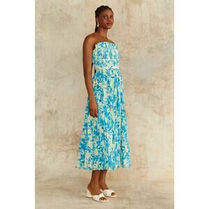 AMUR Scottie Pleated Blue Floral Strapless Midi Garden Party Dress Sz 4 NWOT